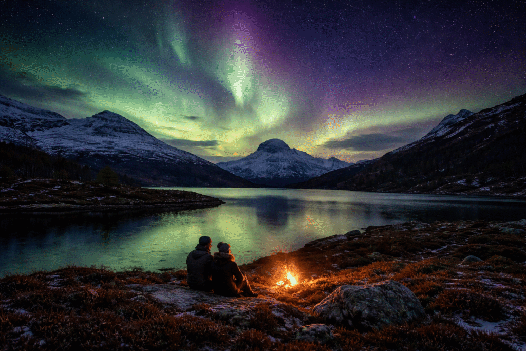 Aurora borealis over Assynt mountains and loch near Lochinver on a clear winter night